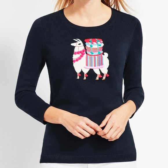 Talbots Sz M Navy Blue Whimsical Llama Embellished 3/4 Sleeves Crewneck Sweater - Picture 1 of 9